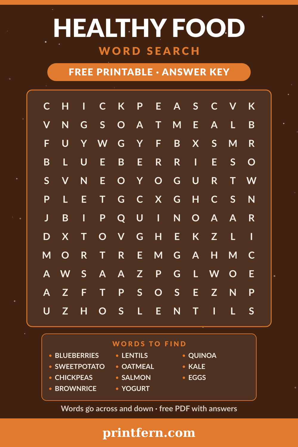 Healthy Food Word Search, free printable PDF preview