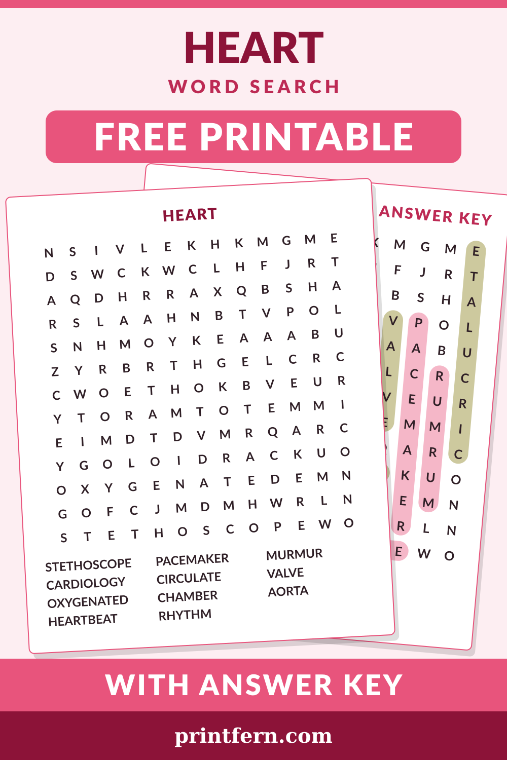 Heart Word Search, free printable PDF preview