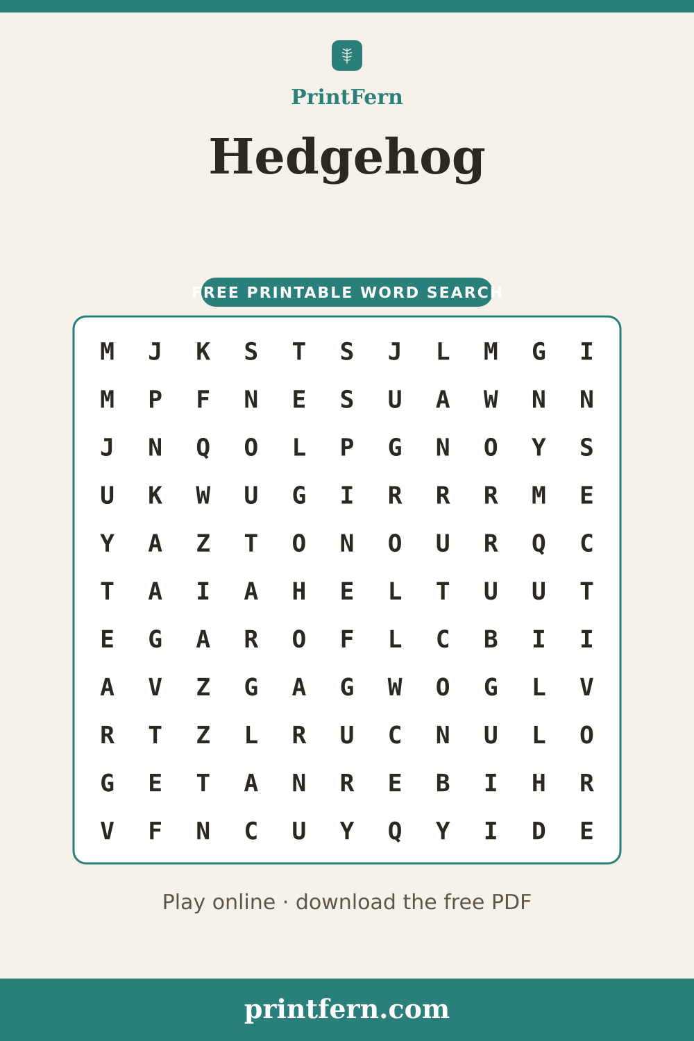 Hedgehog Word Search, free printable PDF preview