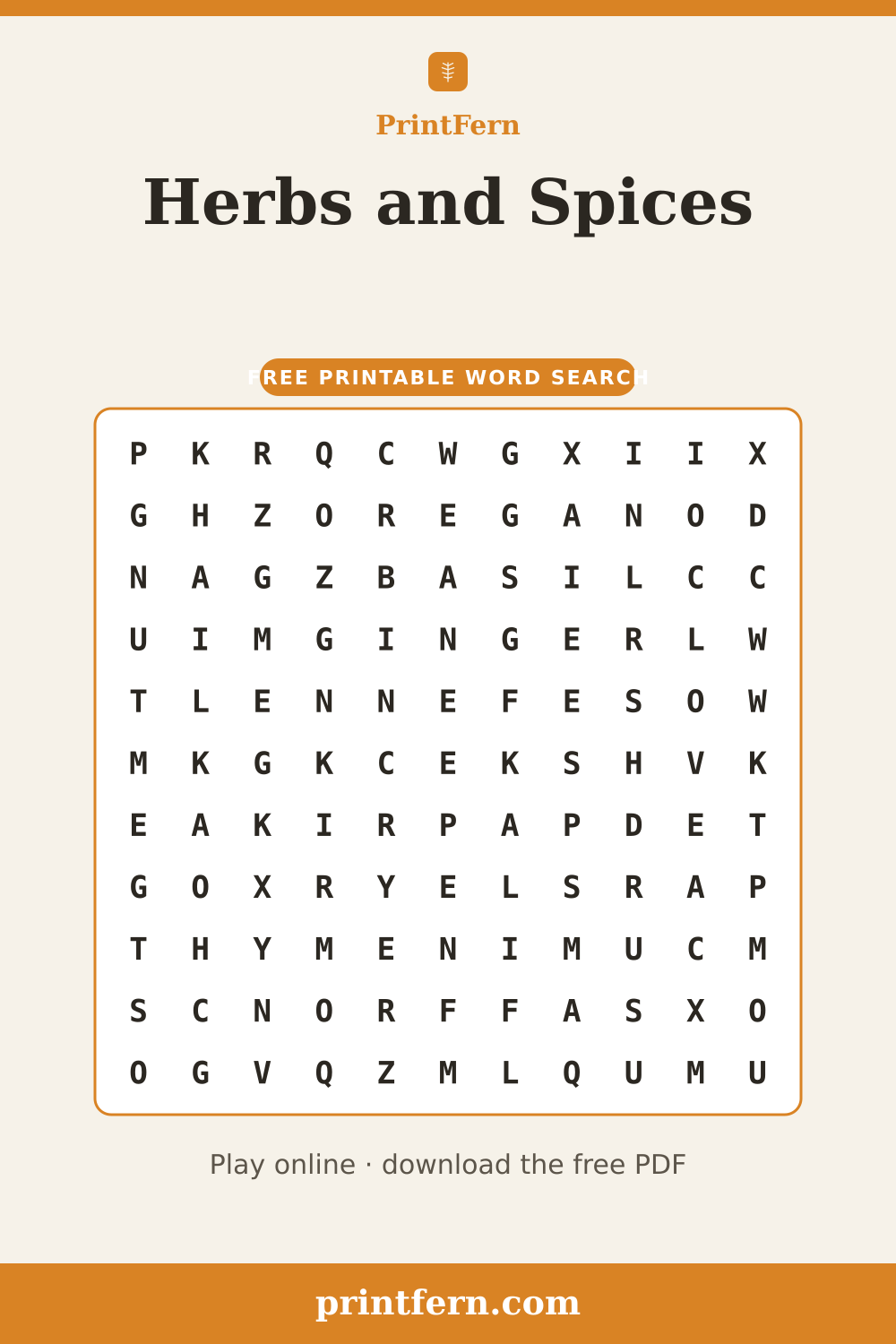 Herbs and Spices Word Search, free printable PDF preview