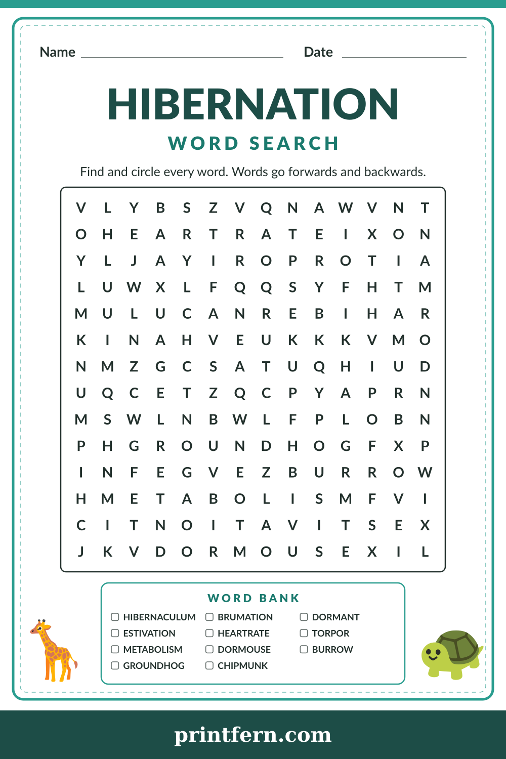 Hibernation Word Search, free printable PDF preview