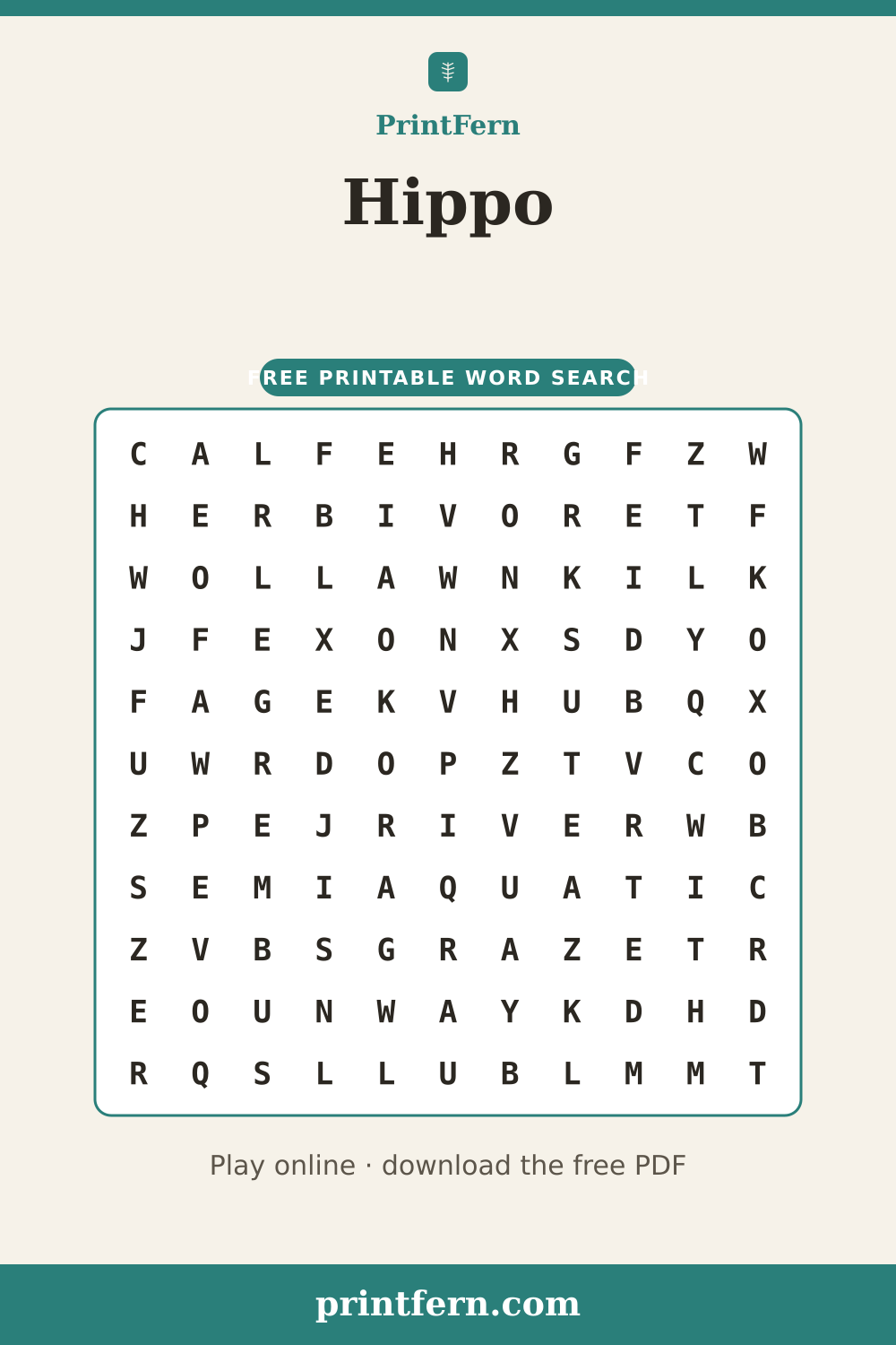 Hippo Word Search, free printable PDF preview