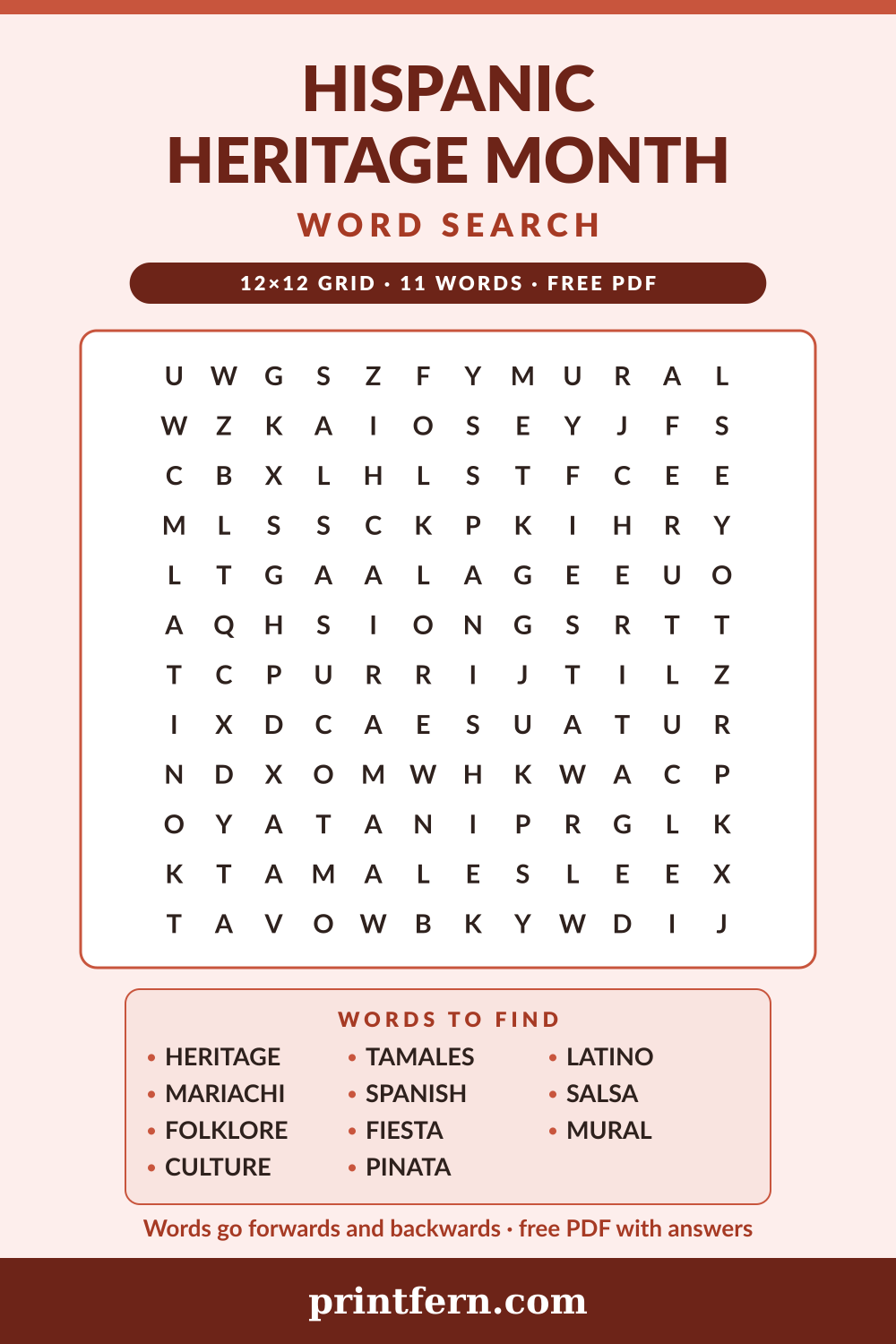 Hispanic Heritage Month Word Search, free printable PDF preview
