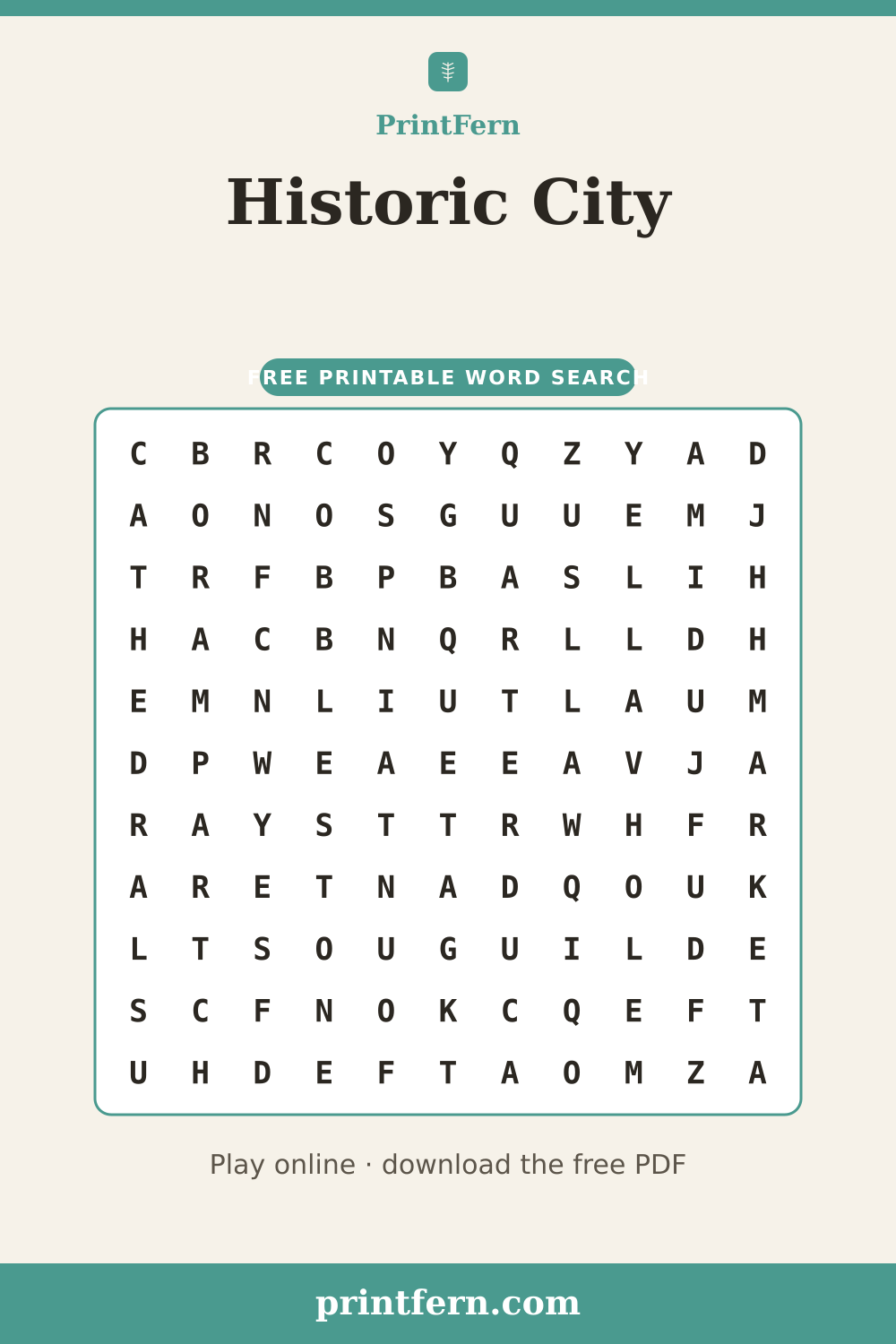 Historic City Word Search, free printable PDF preview