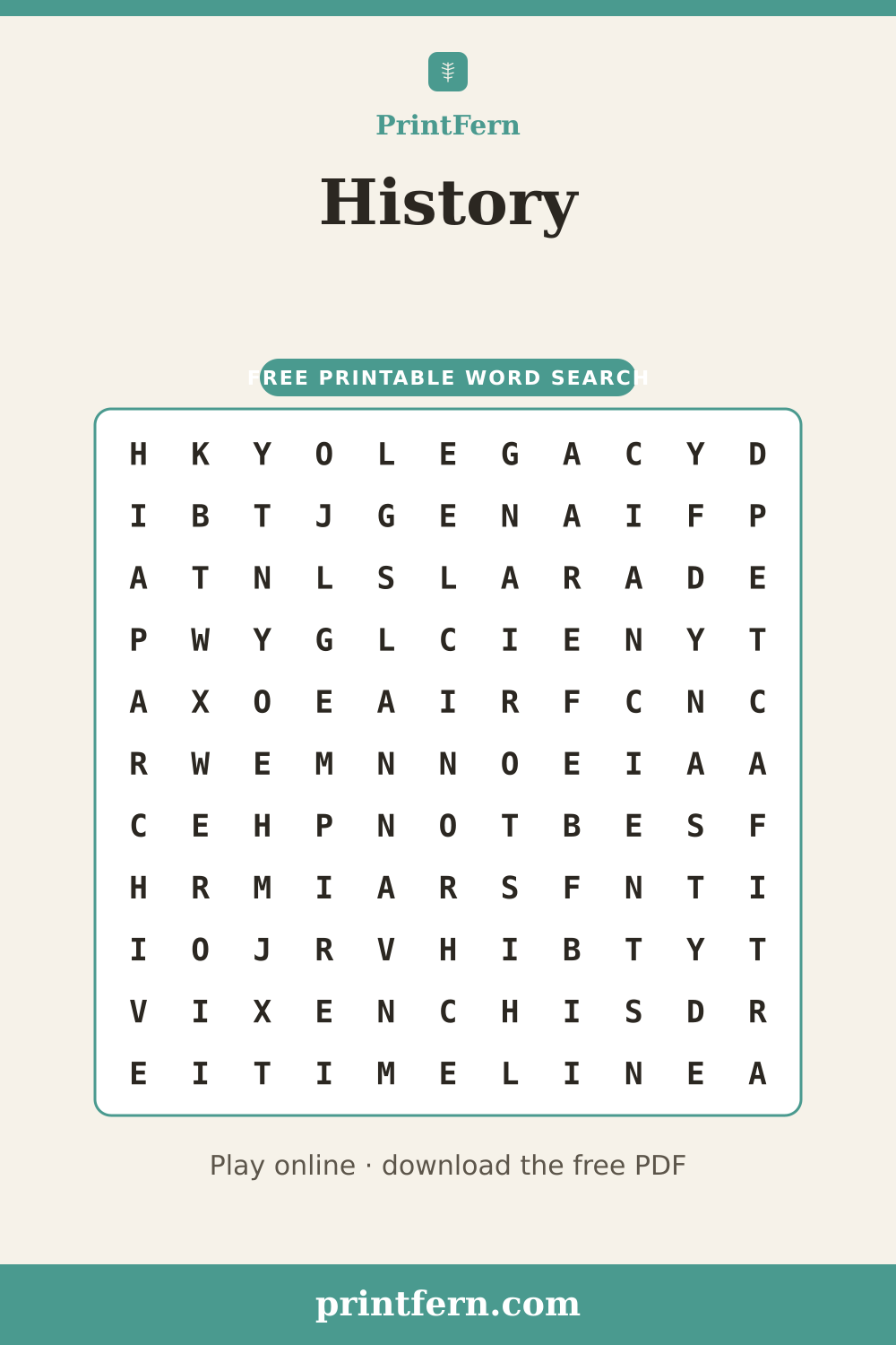 History Word Search, free printable PDF preview