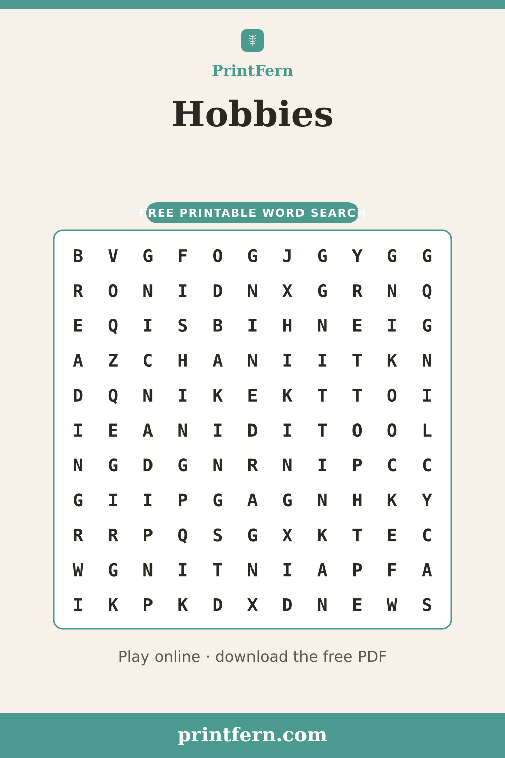 Hobbies Word Search, free printable PDF preview