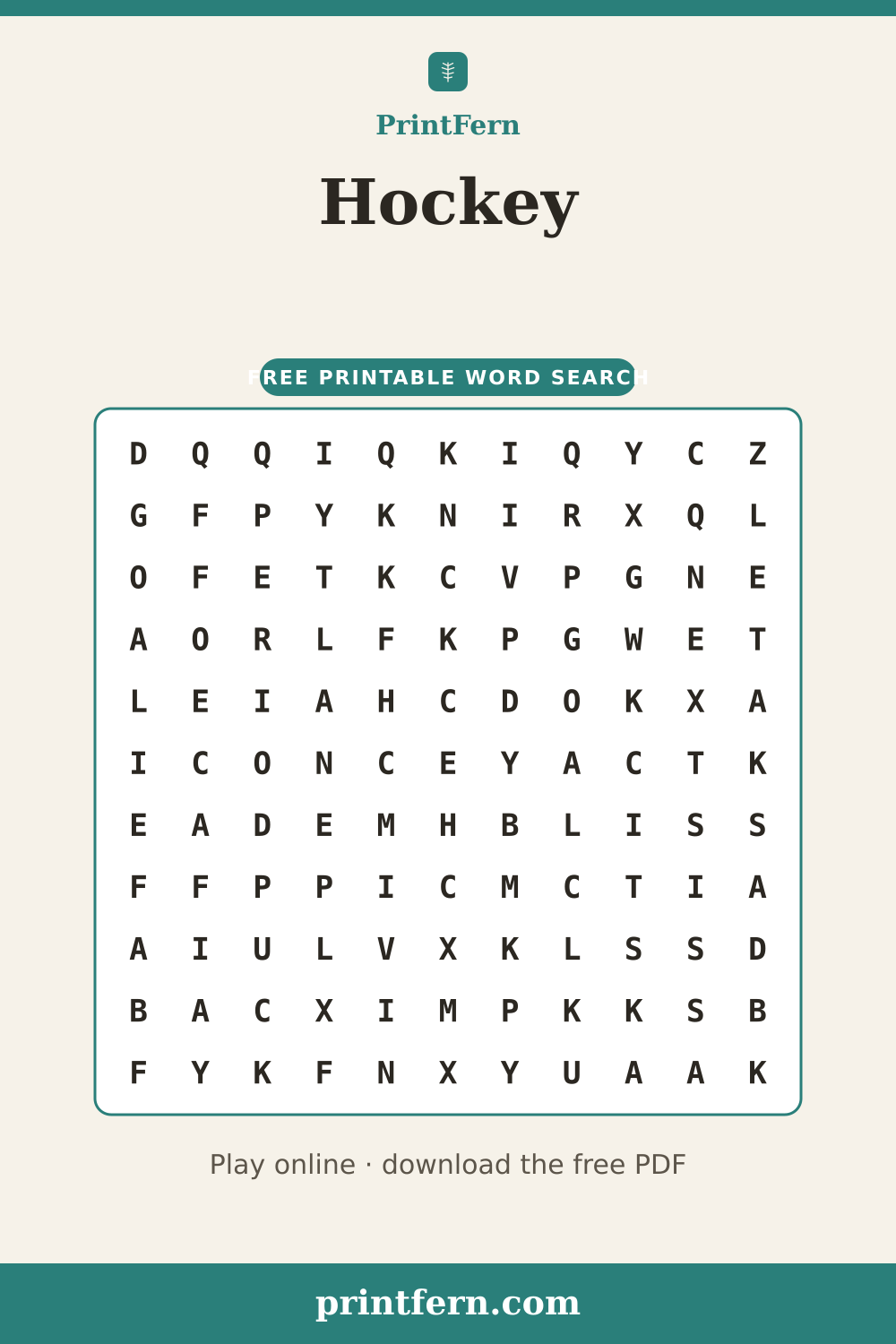 Hockey Word Search, free printable PDF preview