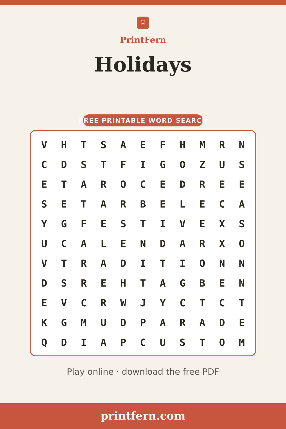 Holidays Word Search, free printable PDF preview