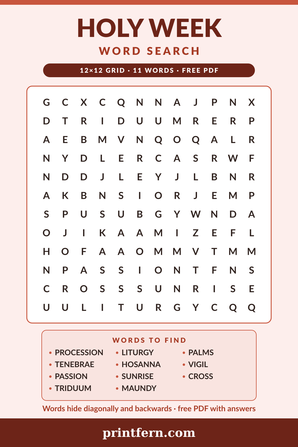 Holy Week Word Search, free printable PDF preview