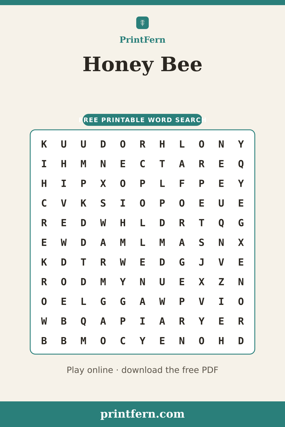 Honey Bee Word Search, free printable PDF preview