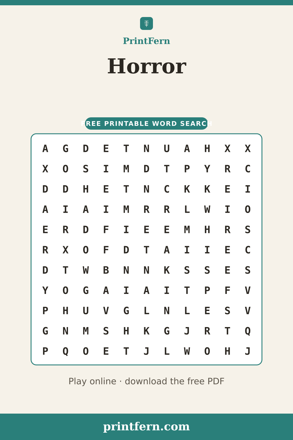 Horror Word Search, free printable PDF preview
