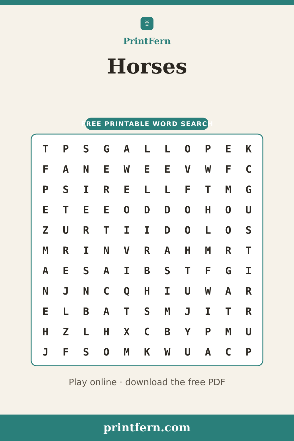 Horses Word Search, free printable PDF preview