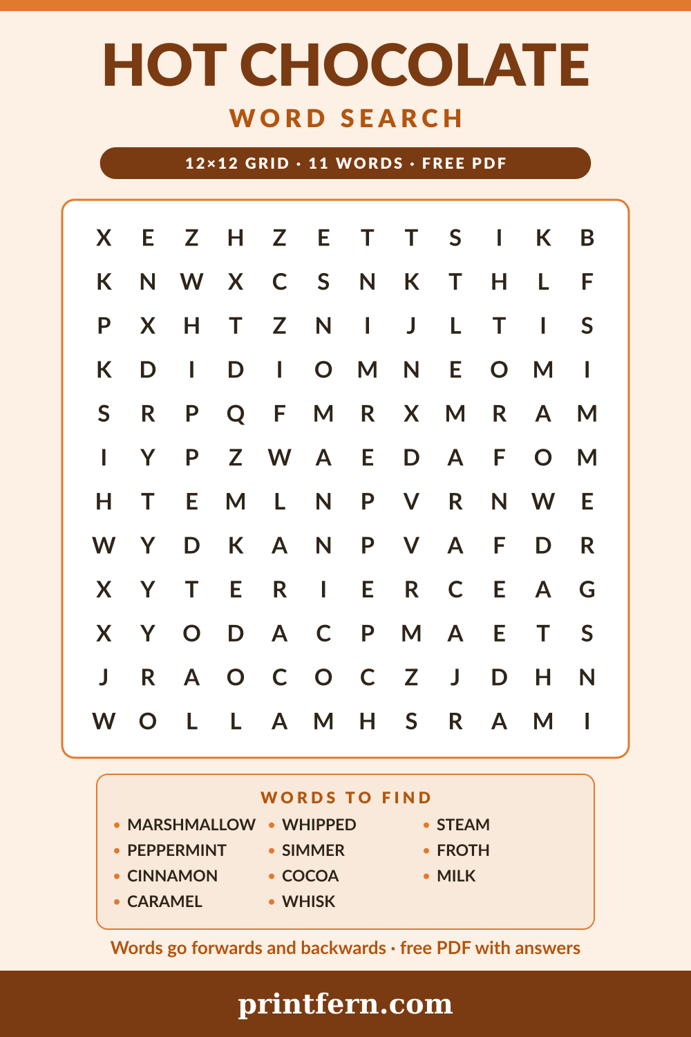 Hot Chocolate Word Search, free printable PDF preview