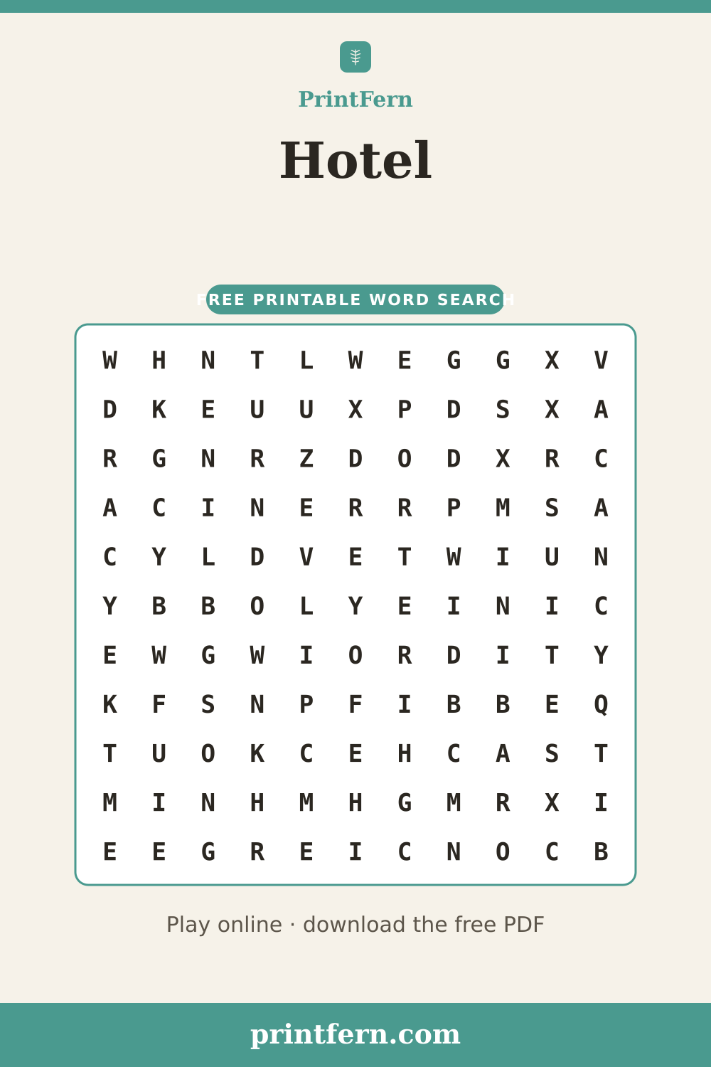 Hotel Word Search, free printable PDF preview