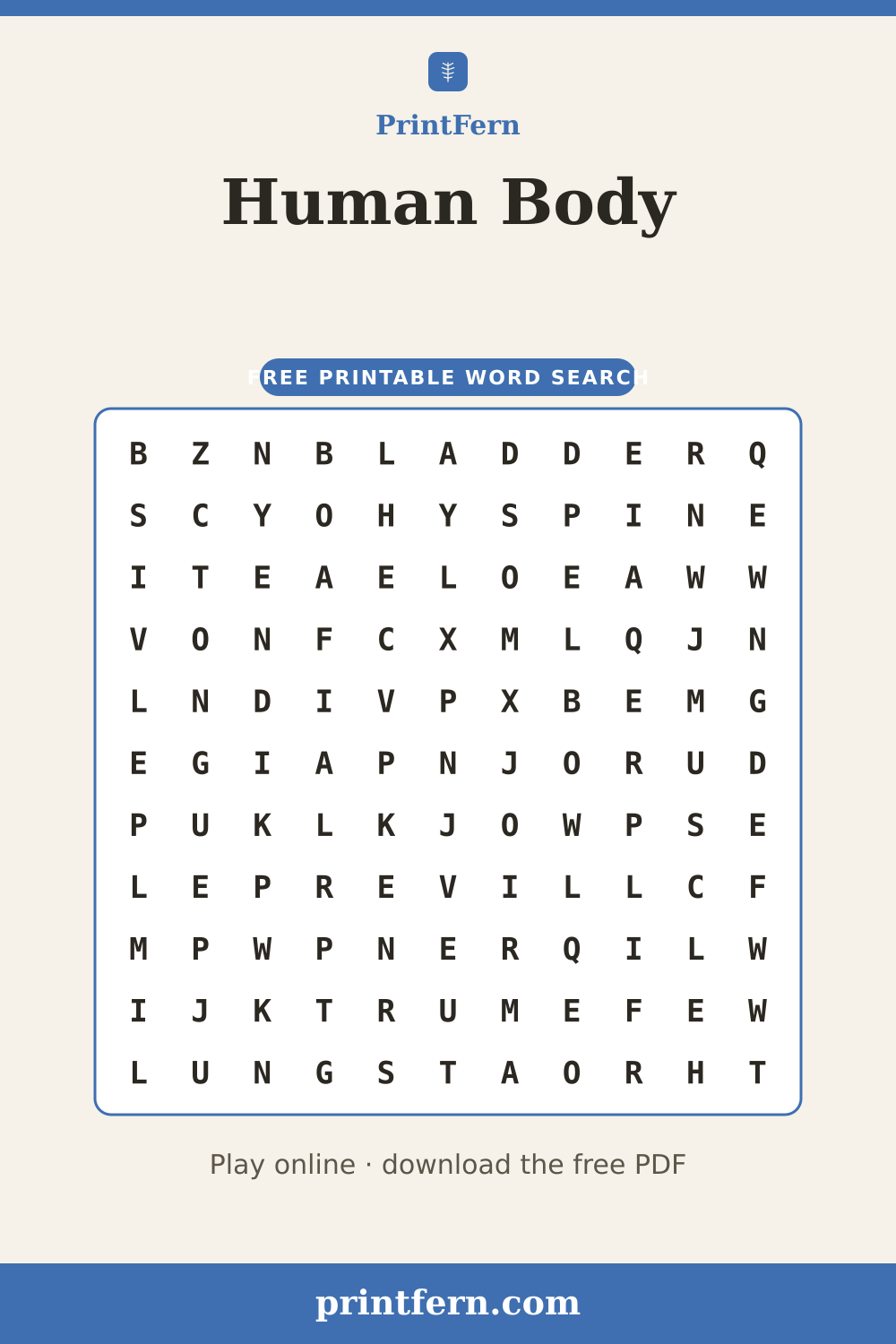 Human Body Word Search, free printable PDF preview