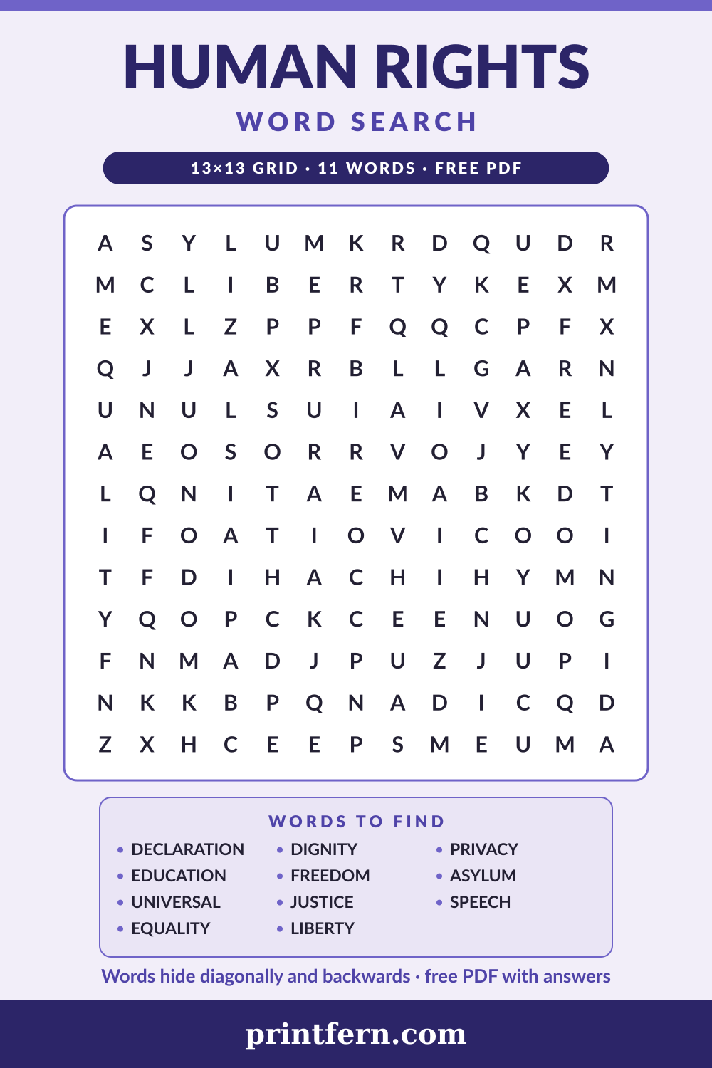 Human Rights Word Search, free printable PDF preview