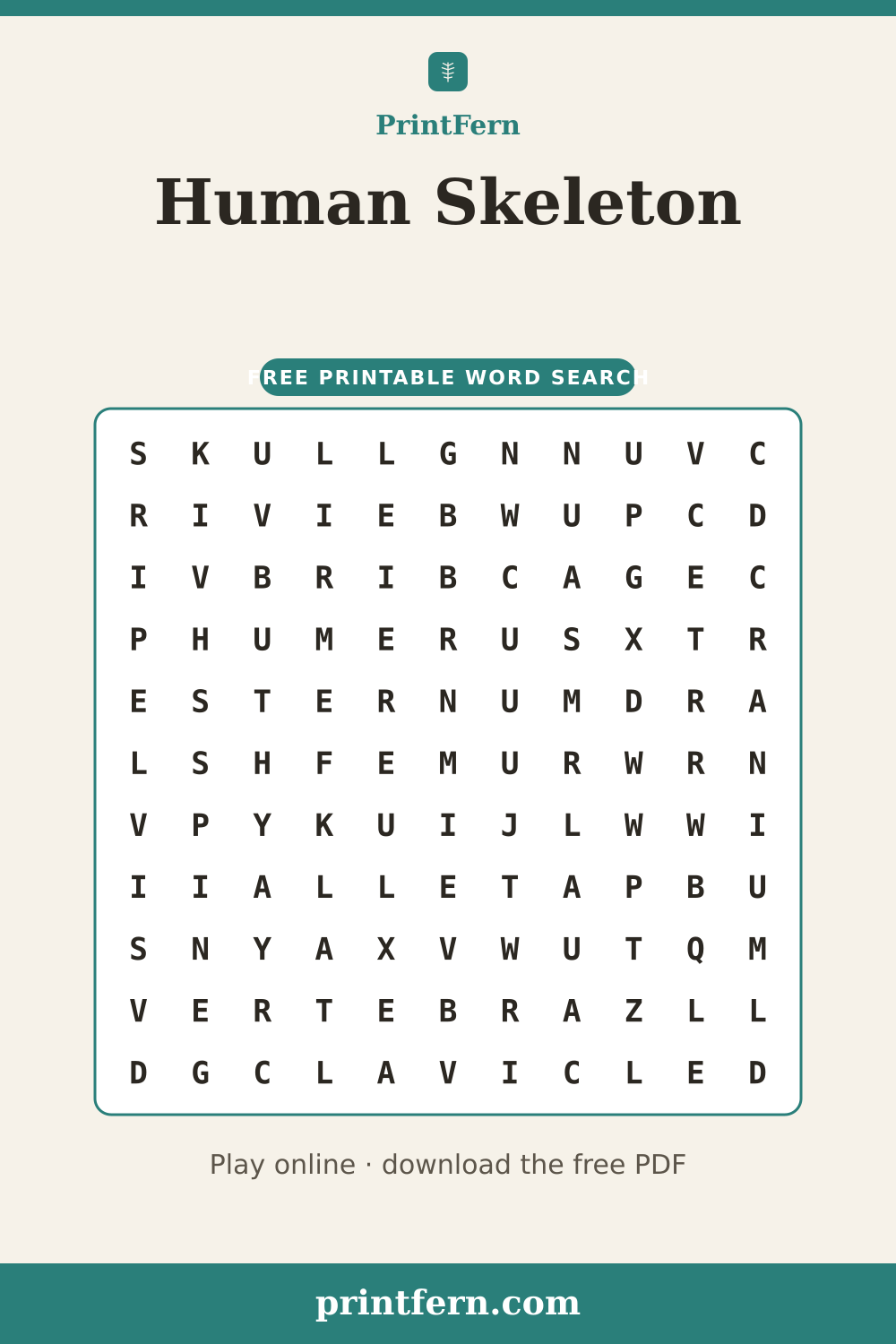 Human Skeleton Word Search, free printable PDF preview