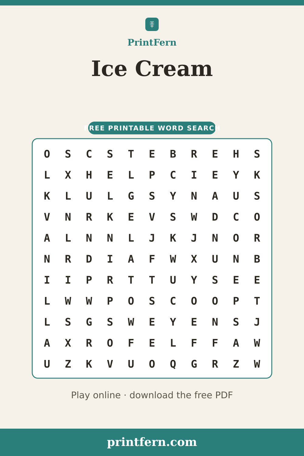 Ice Cream Word Search, free printable PDF preview