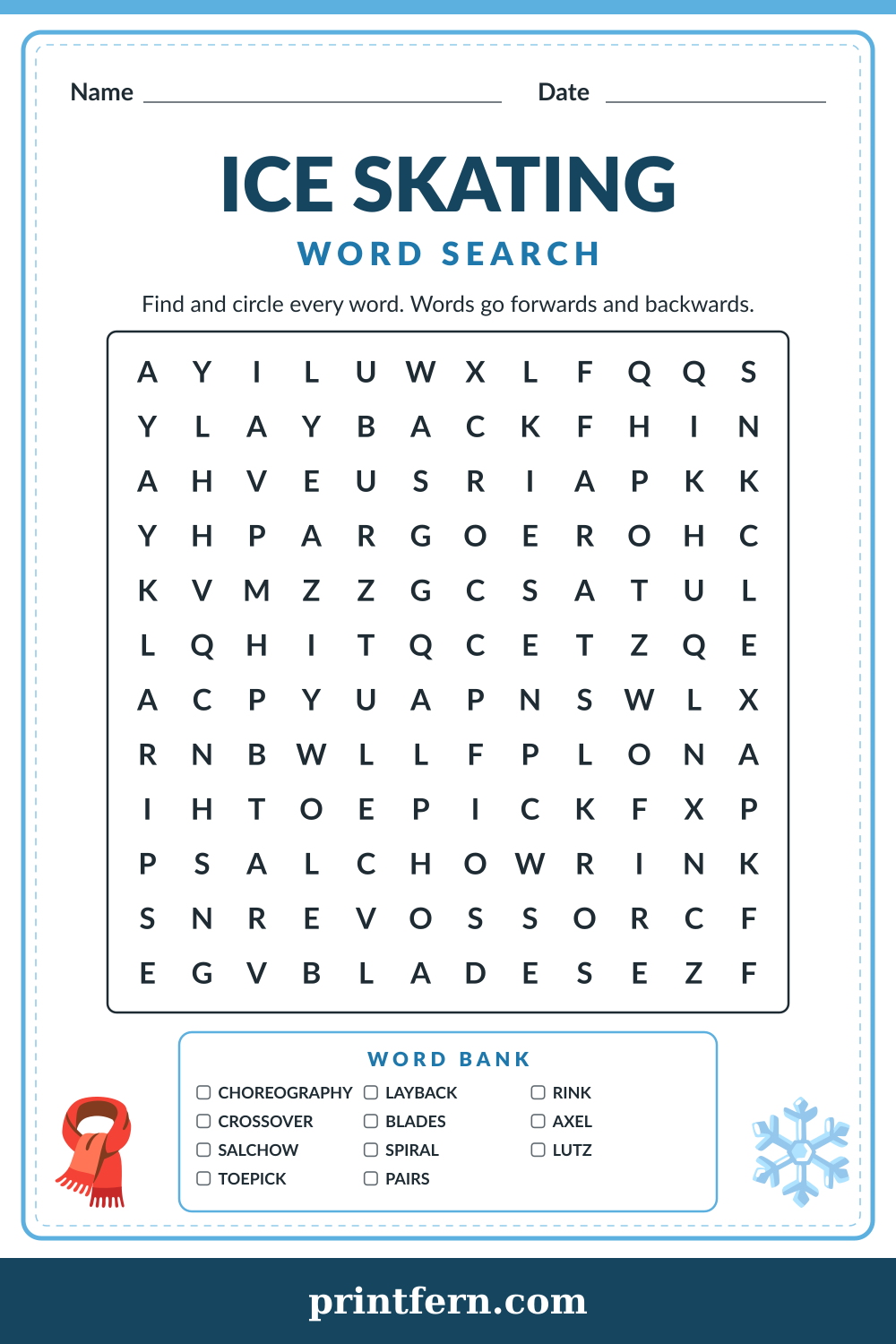 Ice Skating Word Search, free printable PDF preview