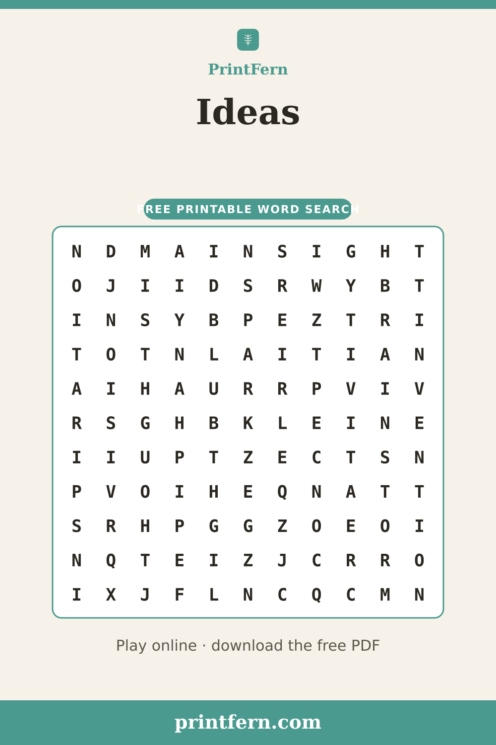 Ideas Word Search, free printable PDF preview