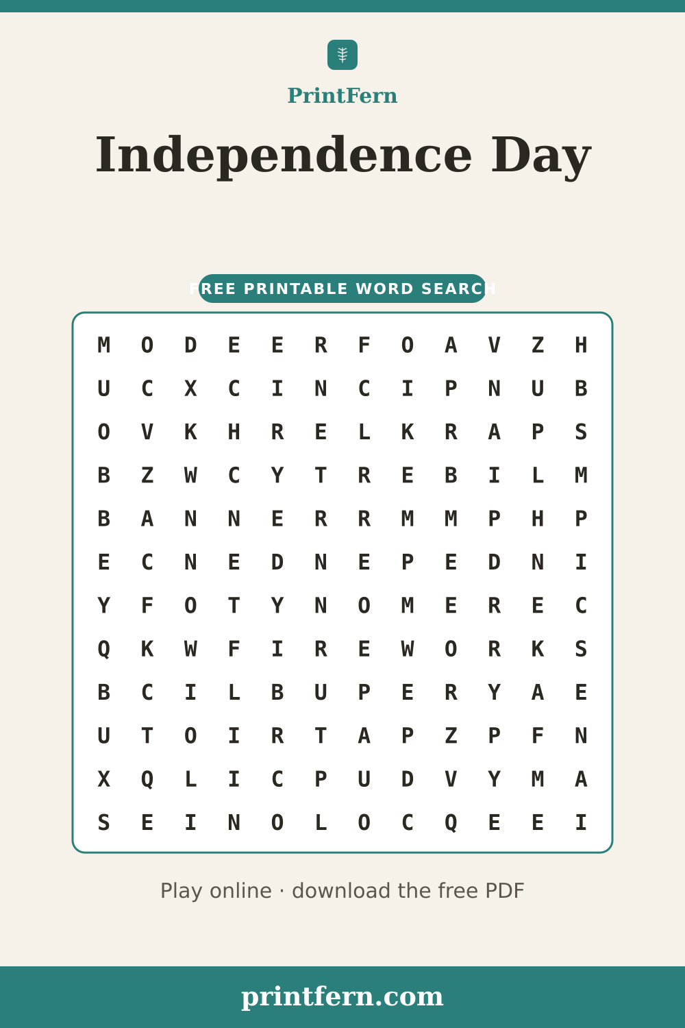 Independence Day Word Search, free printable PDF preview