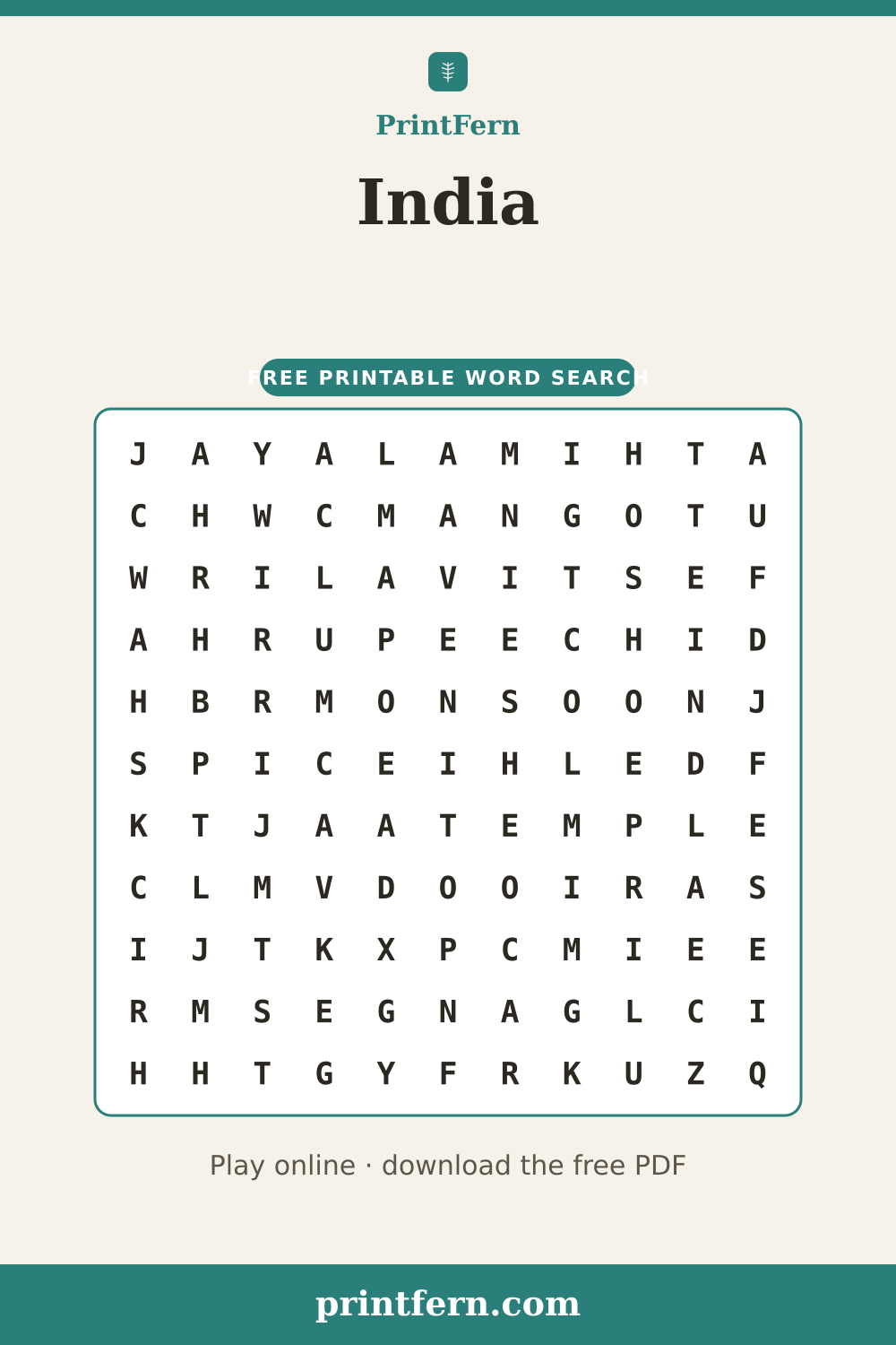 India Word Search, free printable PDF preview