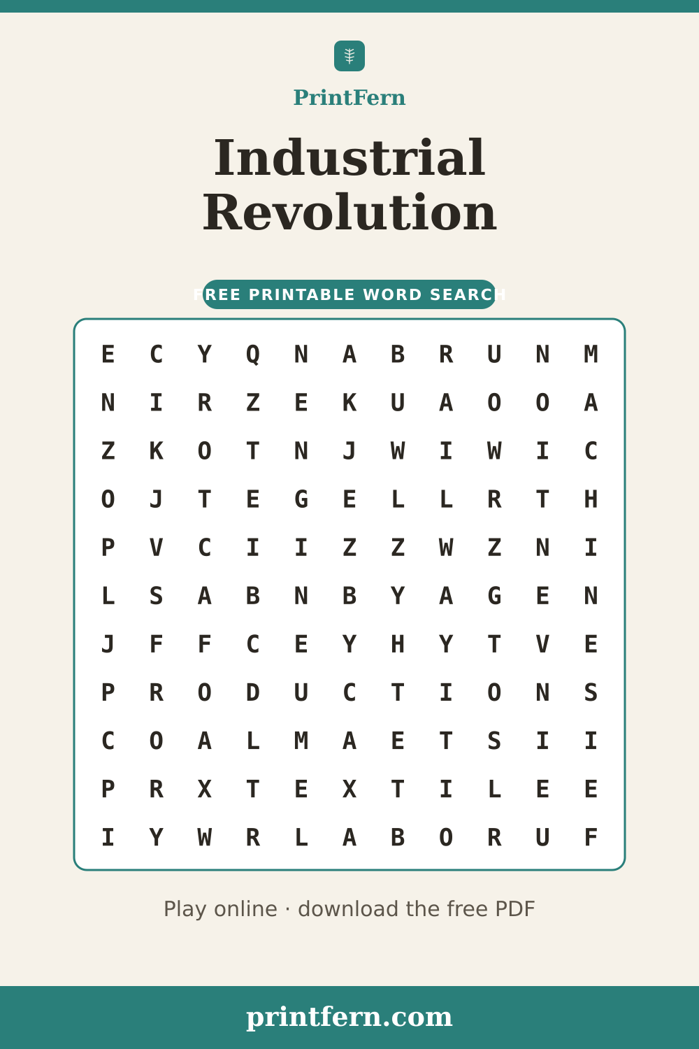 Industrial Revolution Word Search, free printable PDF preview