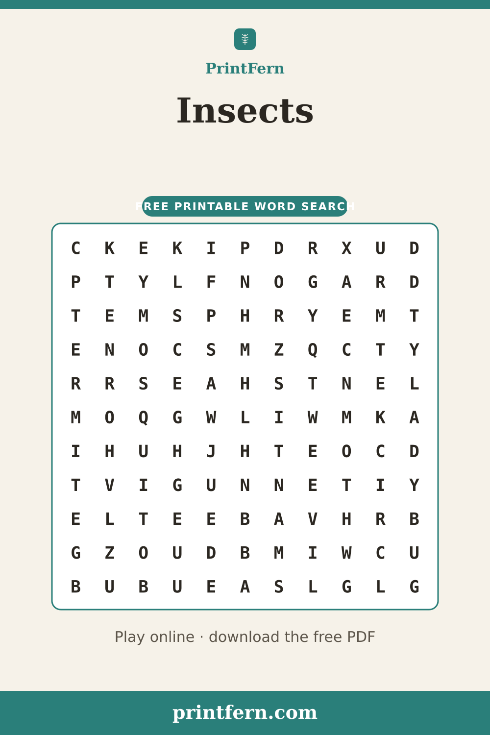 Insects Word Search, free printable PDF preview