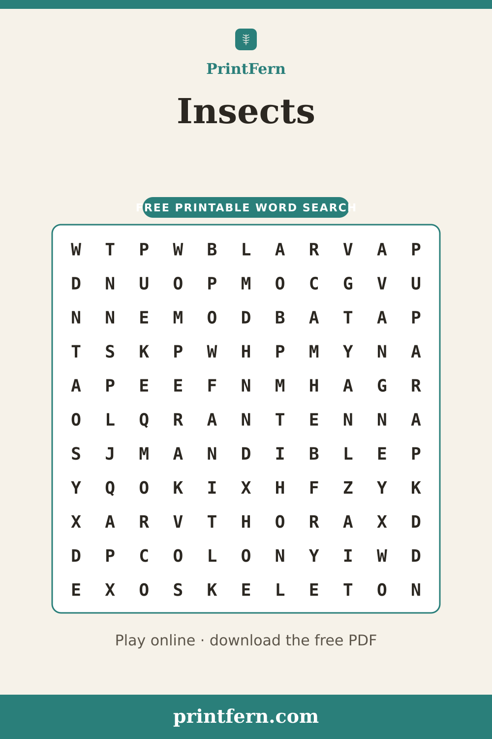Insects Word Search, free printable PDF preview