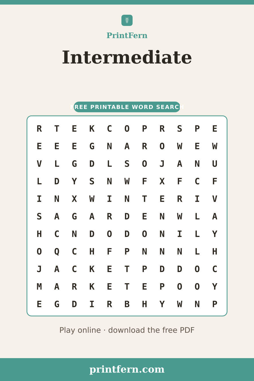 Intermediate Word Search, free printable PDF preview