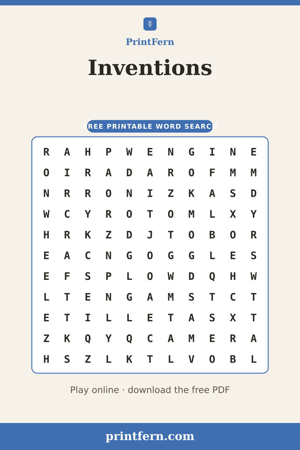 Inventions Word Search, free printable PDF preview