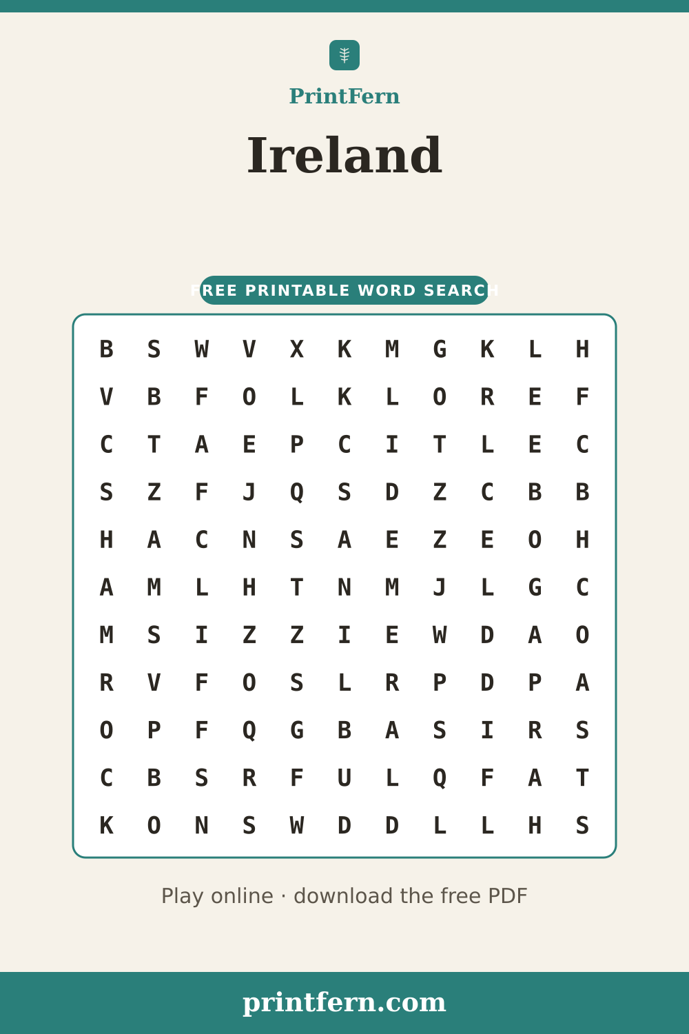 Ireland Word Search, free printable PDF preview