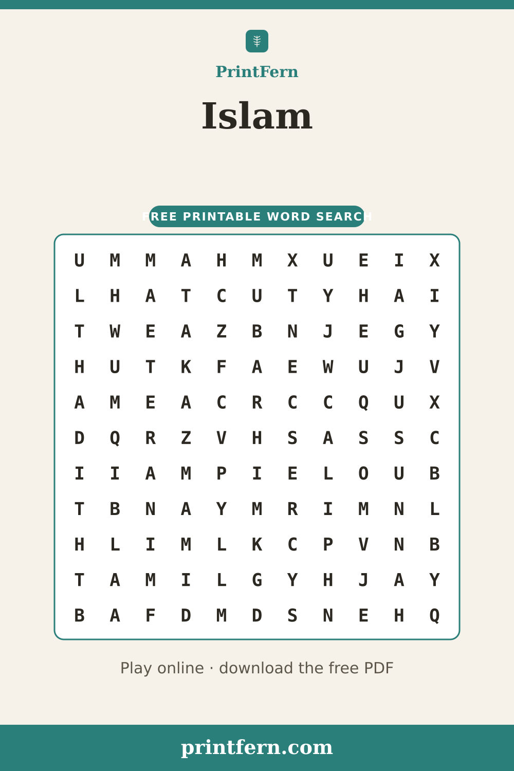 Islam Word Search, free printable PDF preview