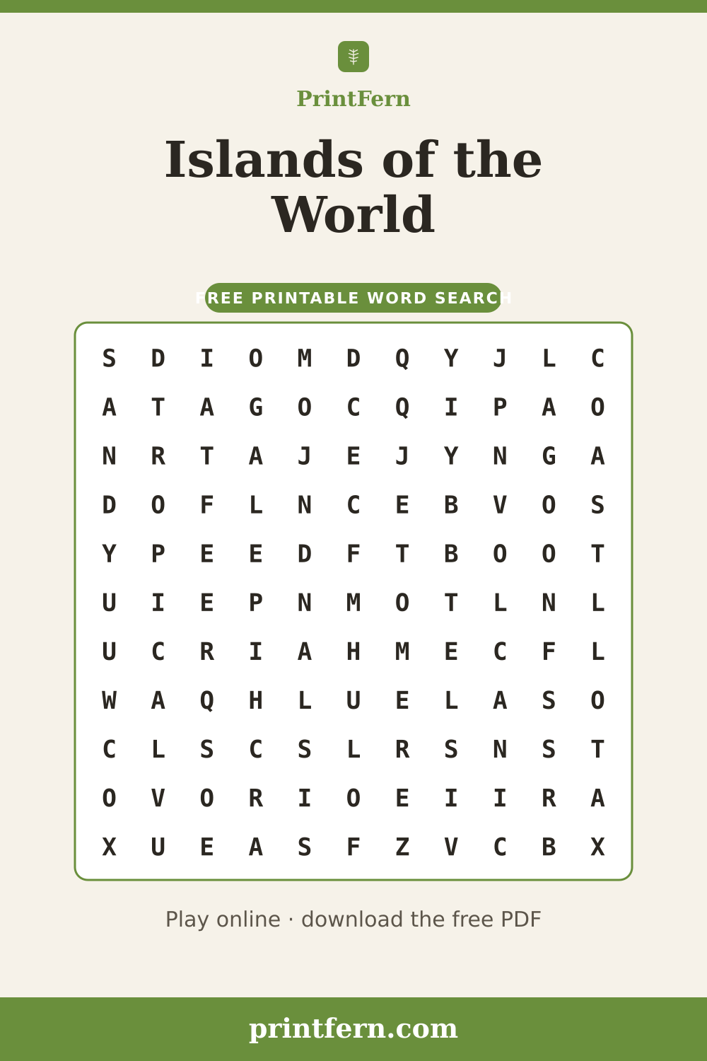 Islands of the World Word Search, free printable PDF preview