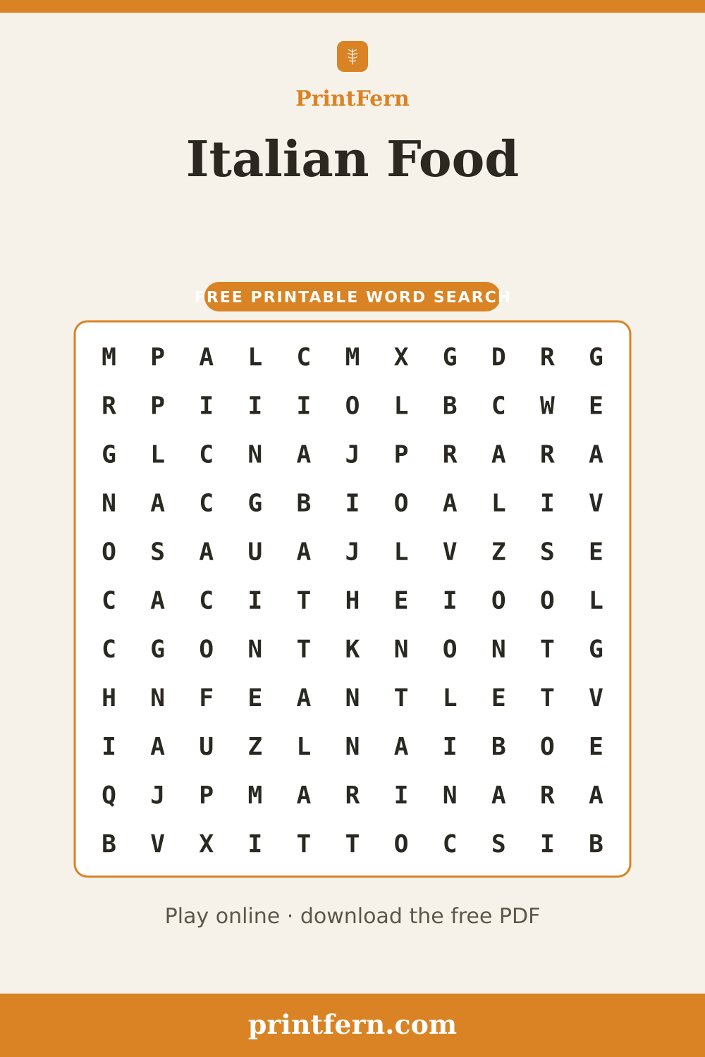 Italian Food Word Search, free printable PDF preview