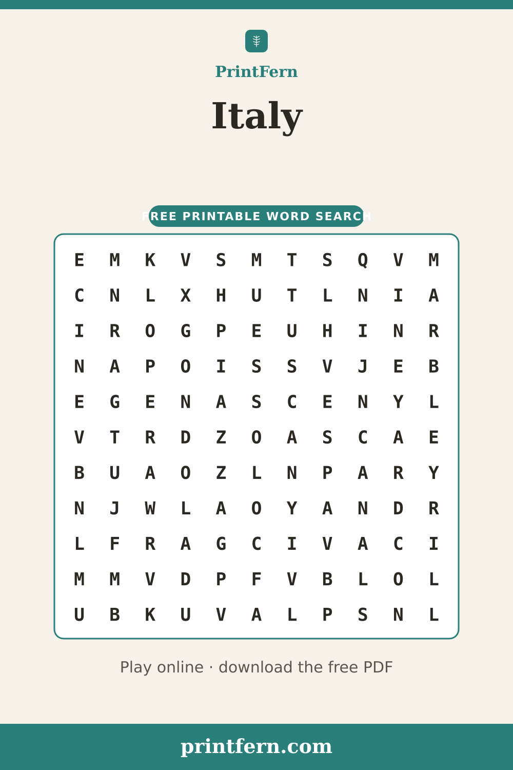Italy Word Search, free printable PDF preview