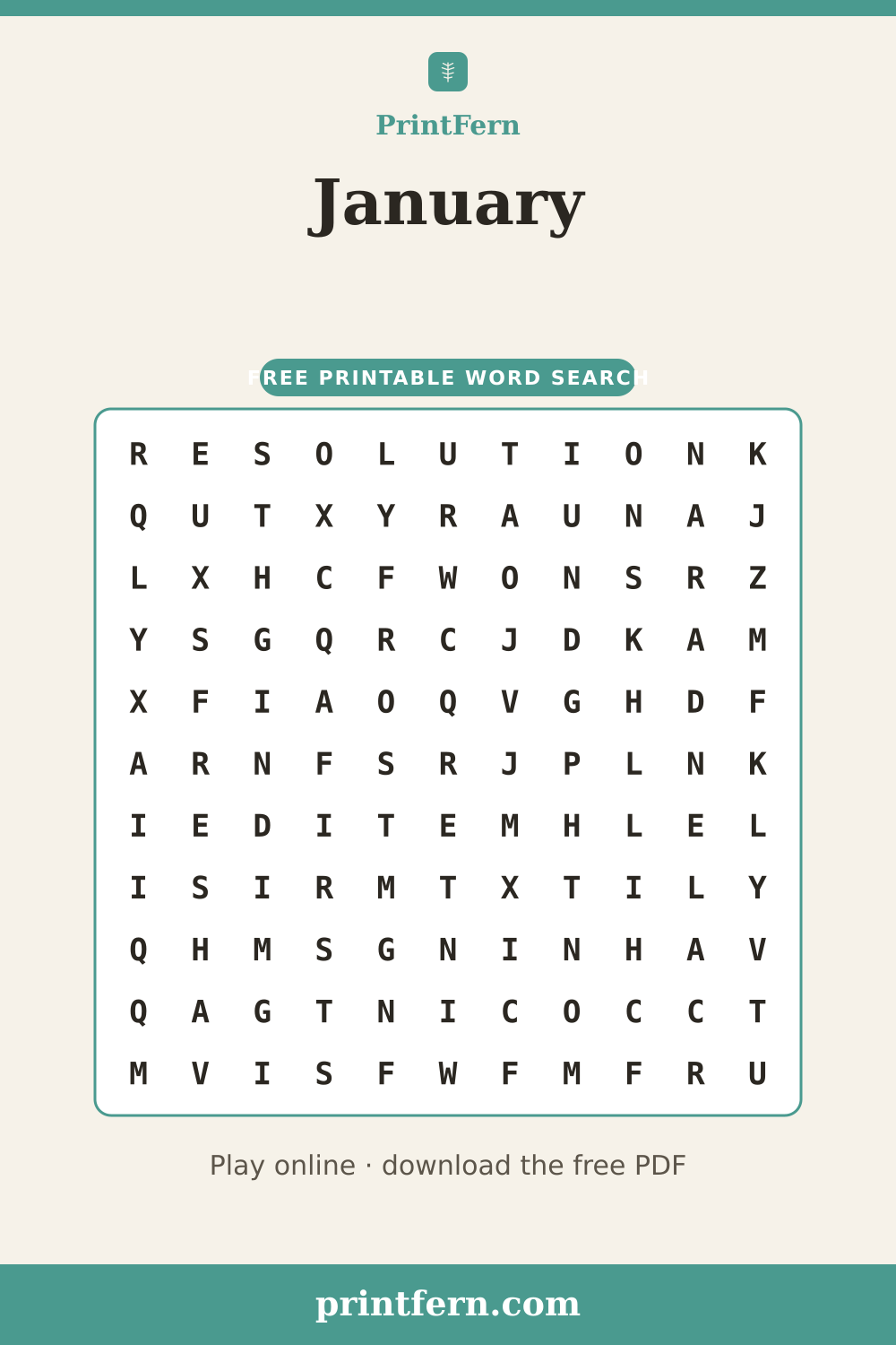 January Word Search, free printable PDF preview