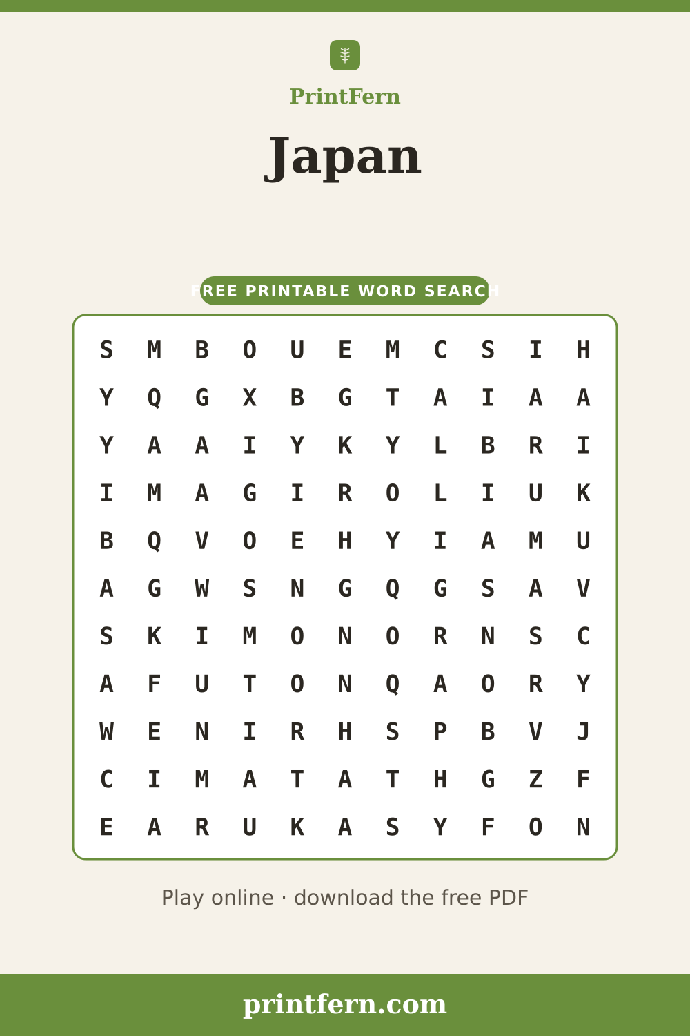 Japan Word Search, free printable PDF preview