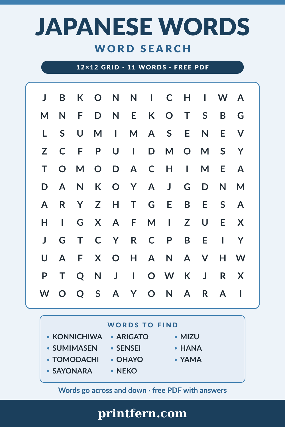 Japanese Words Word Search, free printable PDF preview