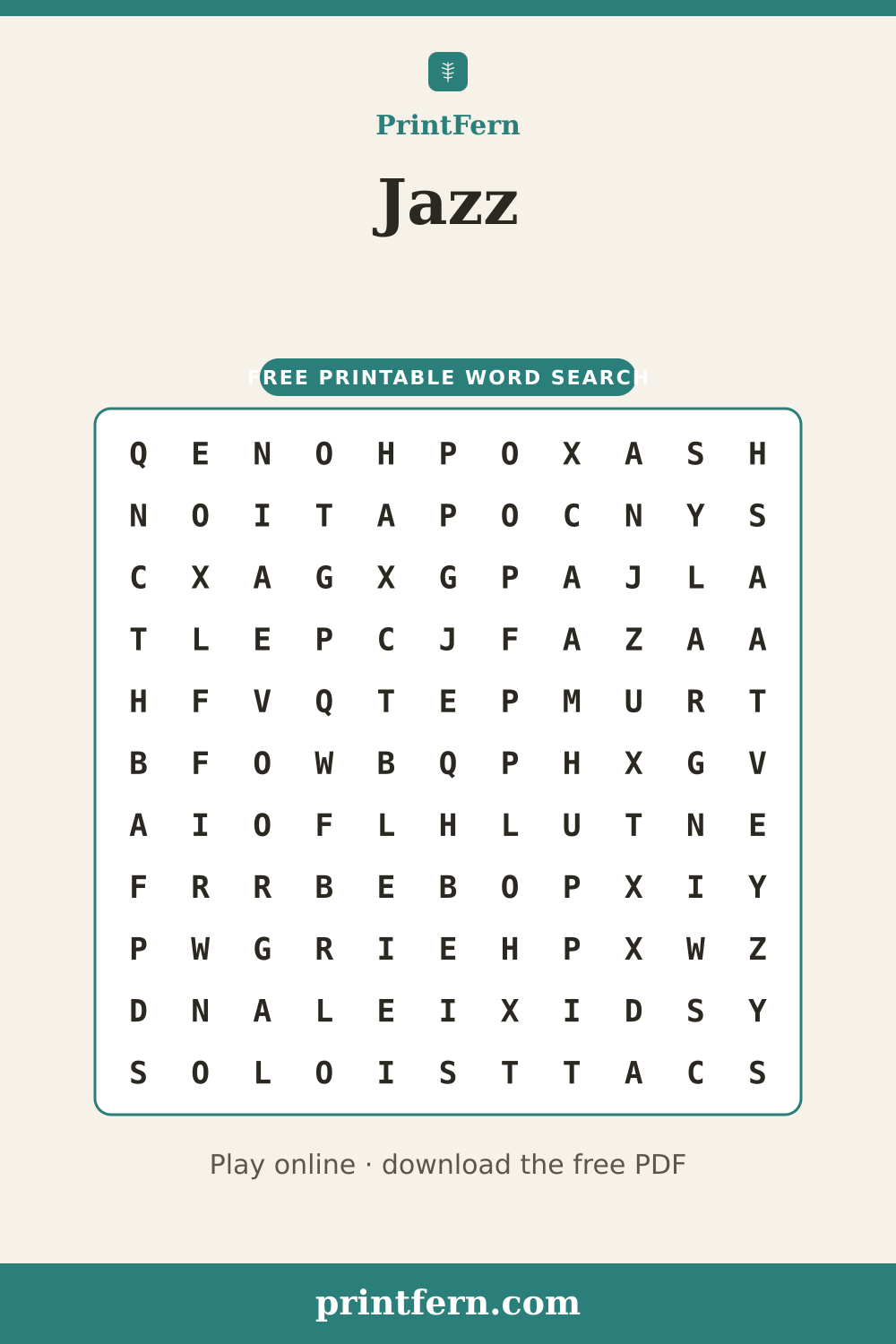 Jazz Word Search, free printable PDF preview