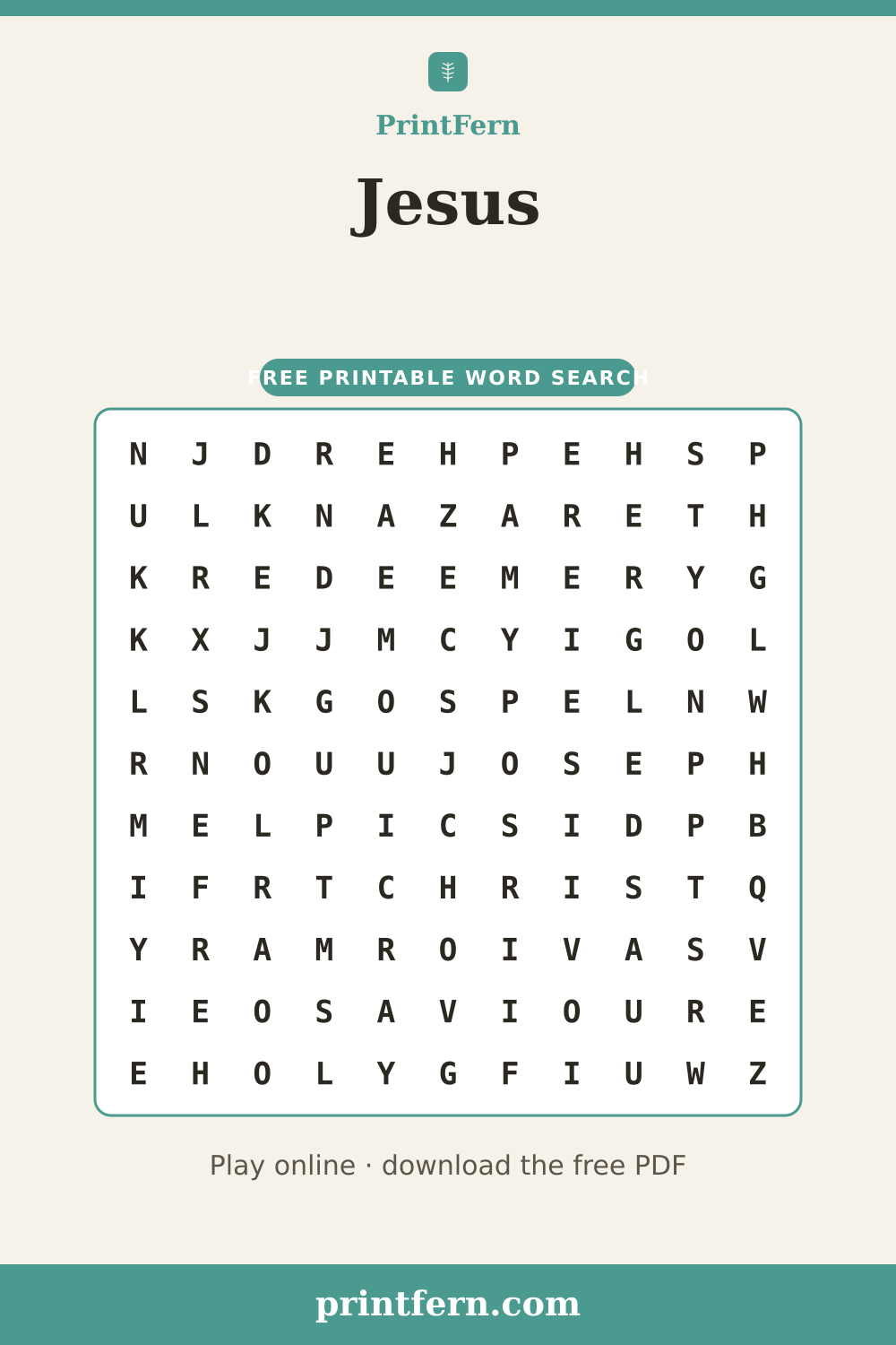 Jesus Word Search, free printable PDF preview
