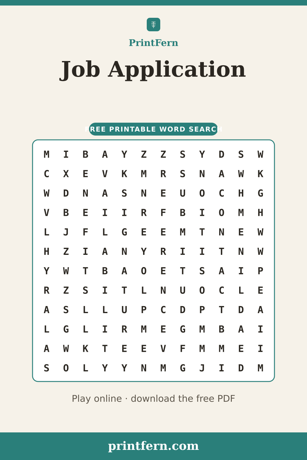 Job Application Word Search, free printable PDF preview