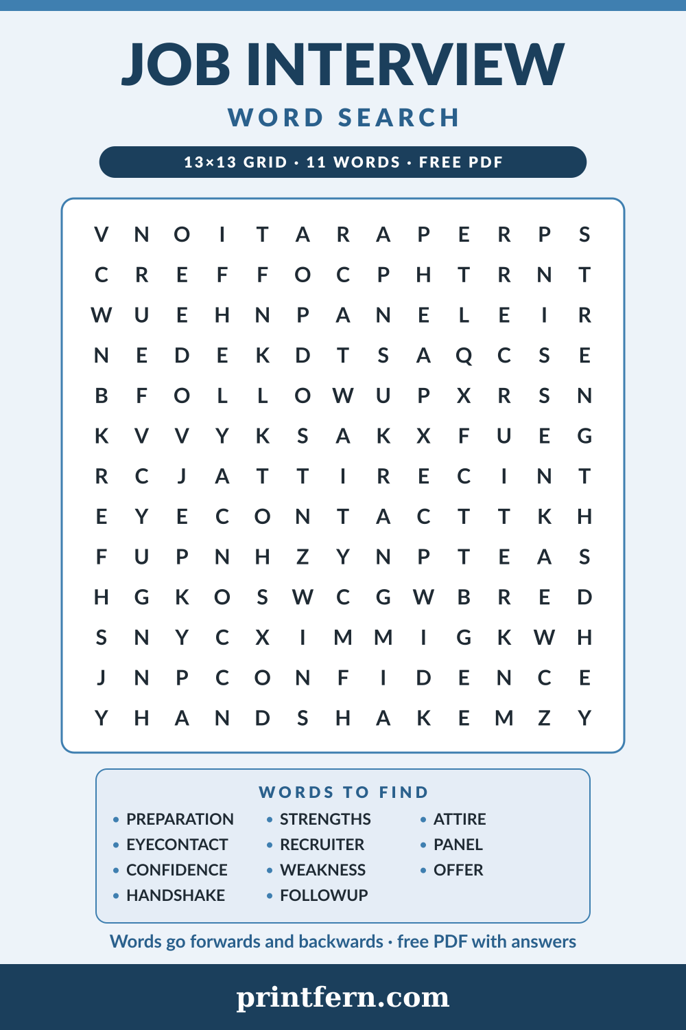 Job Interview Word Search, free printable PDF preview