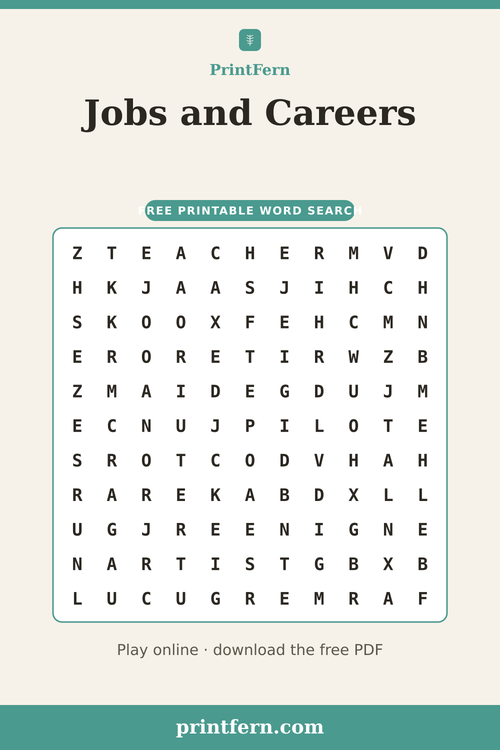 Jobs and Careers Word Search, free printable PDF preview