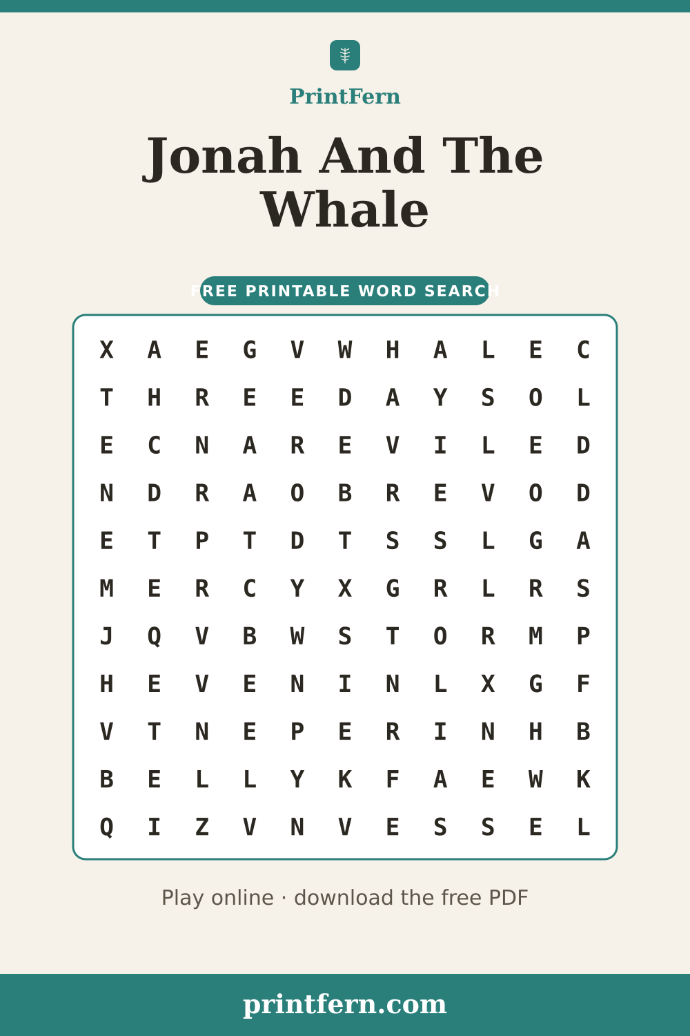 Jonah And The Whale Word Search, free printable PDF preview