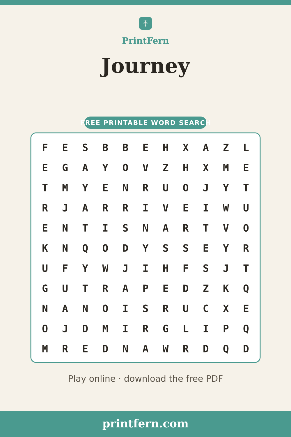 Journey Word Search, free printable PDF preview
