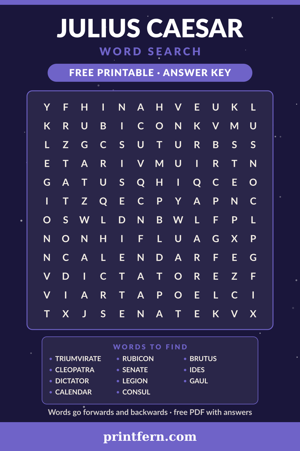 Julius Caesar Word Search, free printable PDF preview