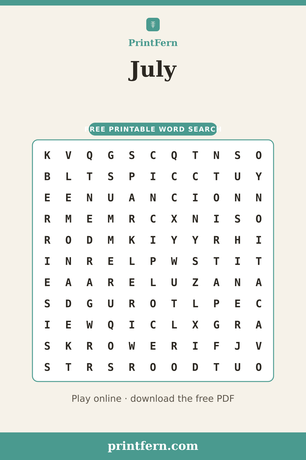 July Word Search, free printable PDF preview