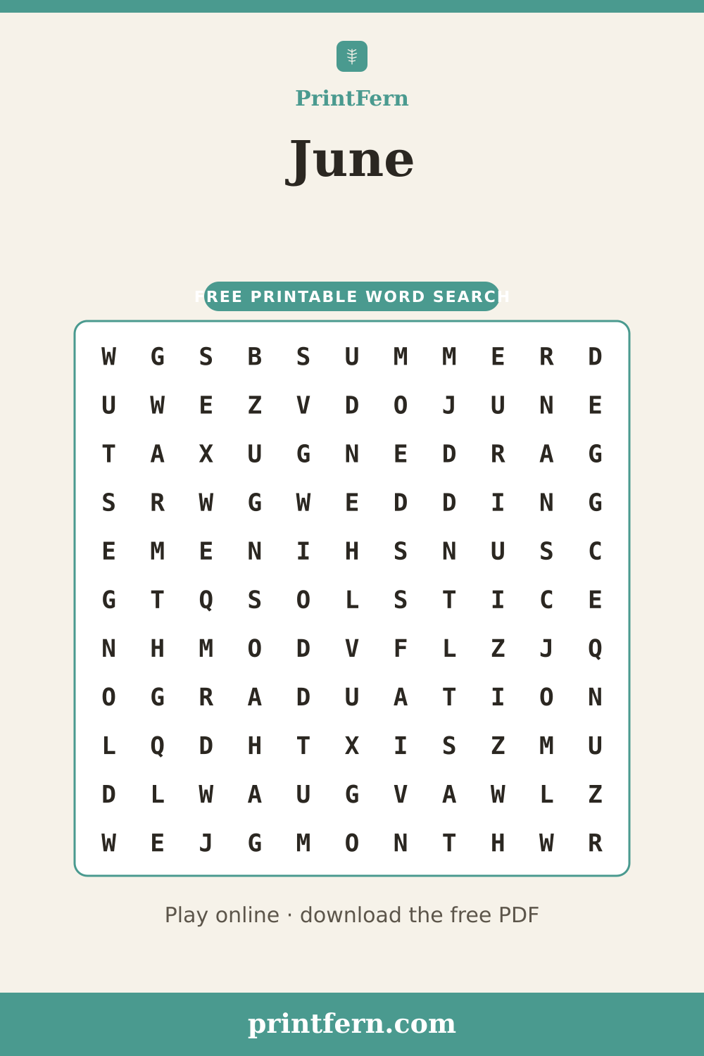June Word Search, free printable PDF preview