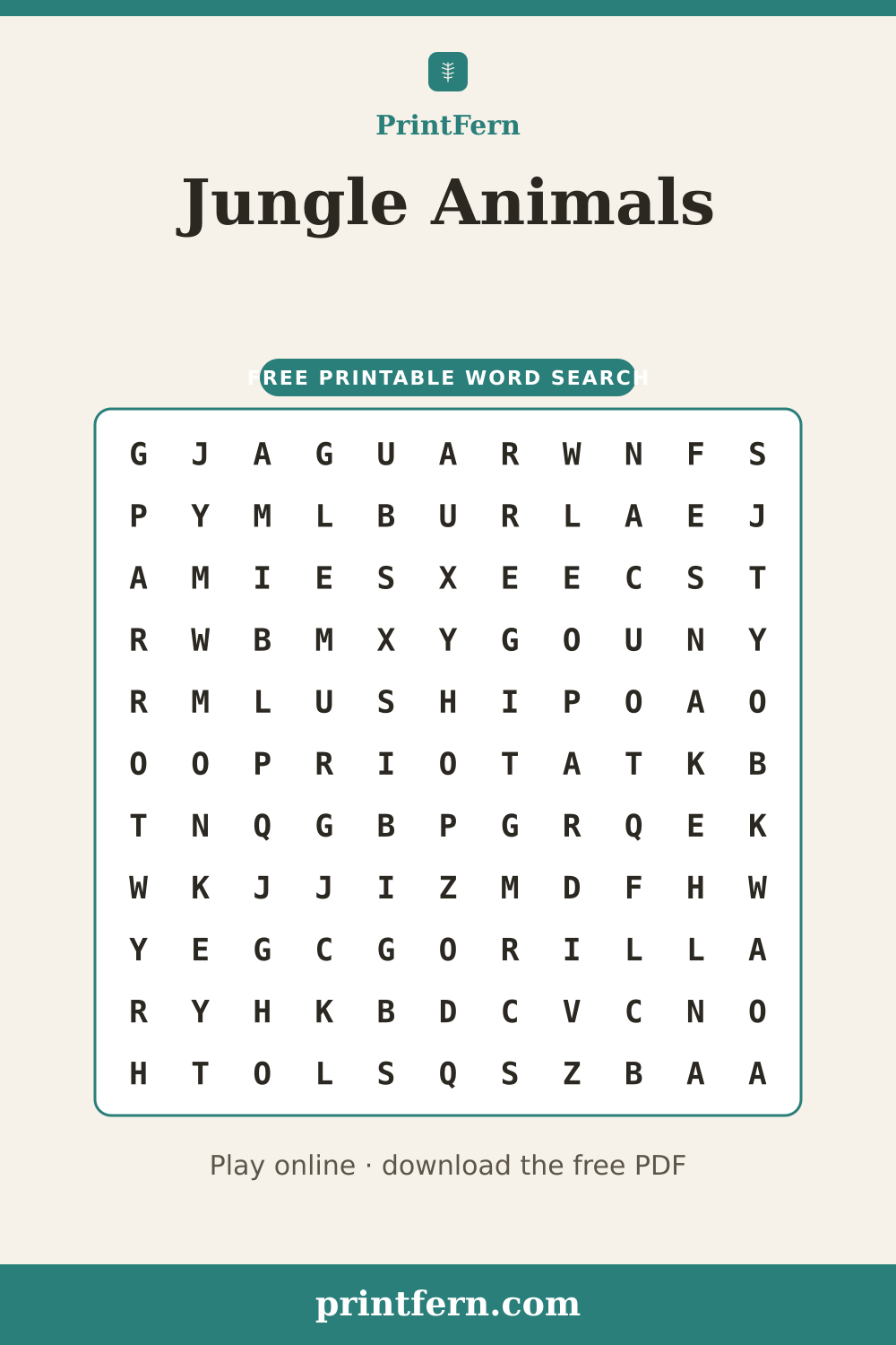 Jungle Animals Word Search, free printable PDF preview